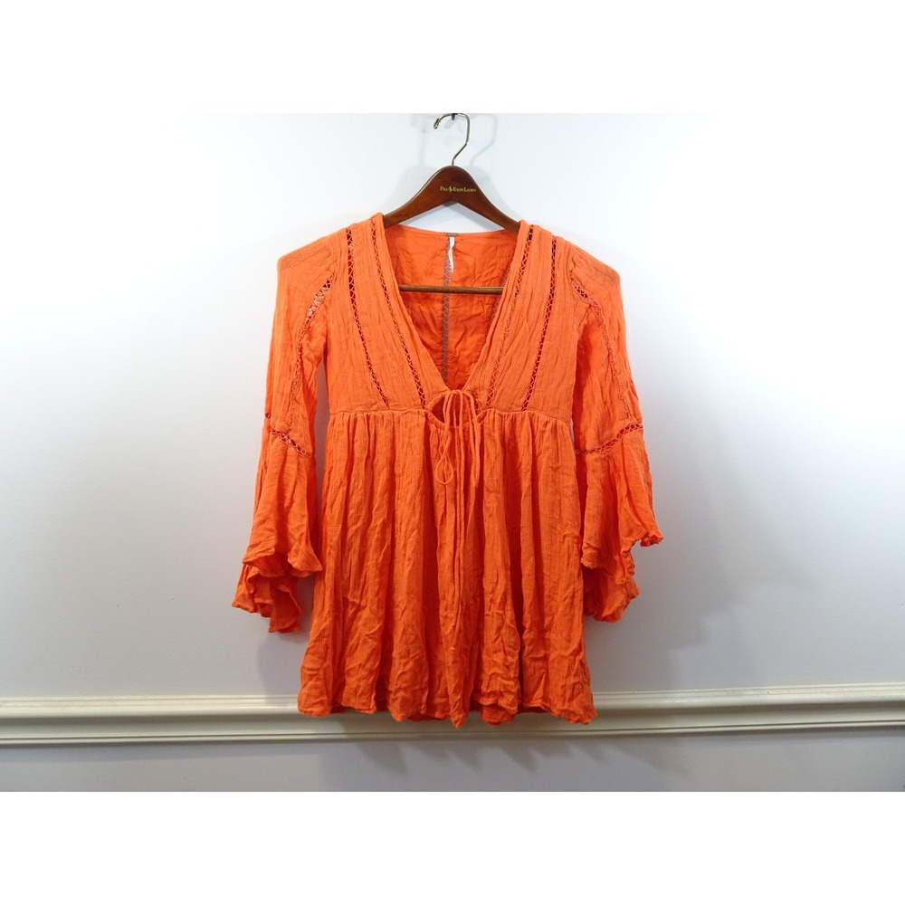 Free People Orange Crochet Trim Bell Sleeve Babydoll Tunic Top Boho V-Neck XS